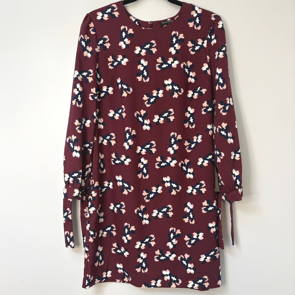 Banana Republic SZ 6 Burgundy Floral Tie Cuff Long Sleeve Dress